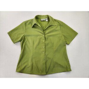 Joanna Women L short sleeve button up Green blouse shoulder pads Grandma Granny